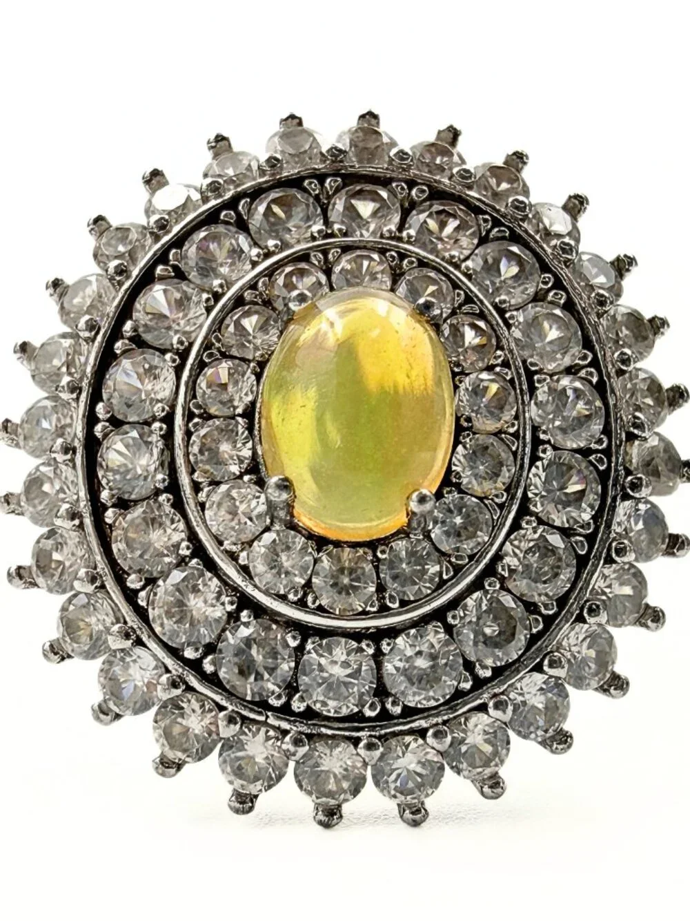 Contemporary Marked Sterling Silver 3 Halo Lab Opal Topaz Cocktail Ring Sz 10.75